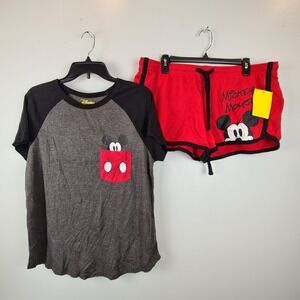 Disney Mickey Mouse Pajama Set Juniors XL Red Gray Raglan Shirt‎ and Shorts NWT
